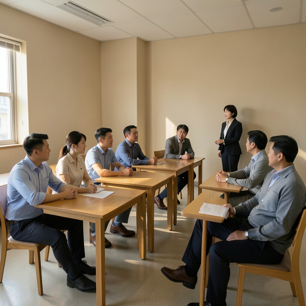 강의실 책상에 앉아 강사를 보는 성인 수강생들